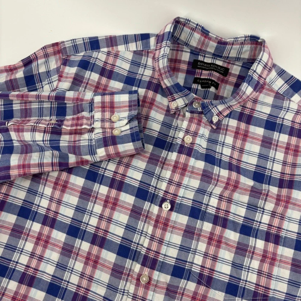 Banana Republic Oxford Shirt‎ Mens L Blue Red Plaid Camden Fit Excellent Cotton